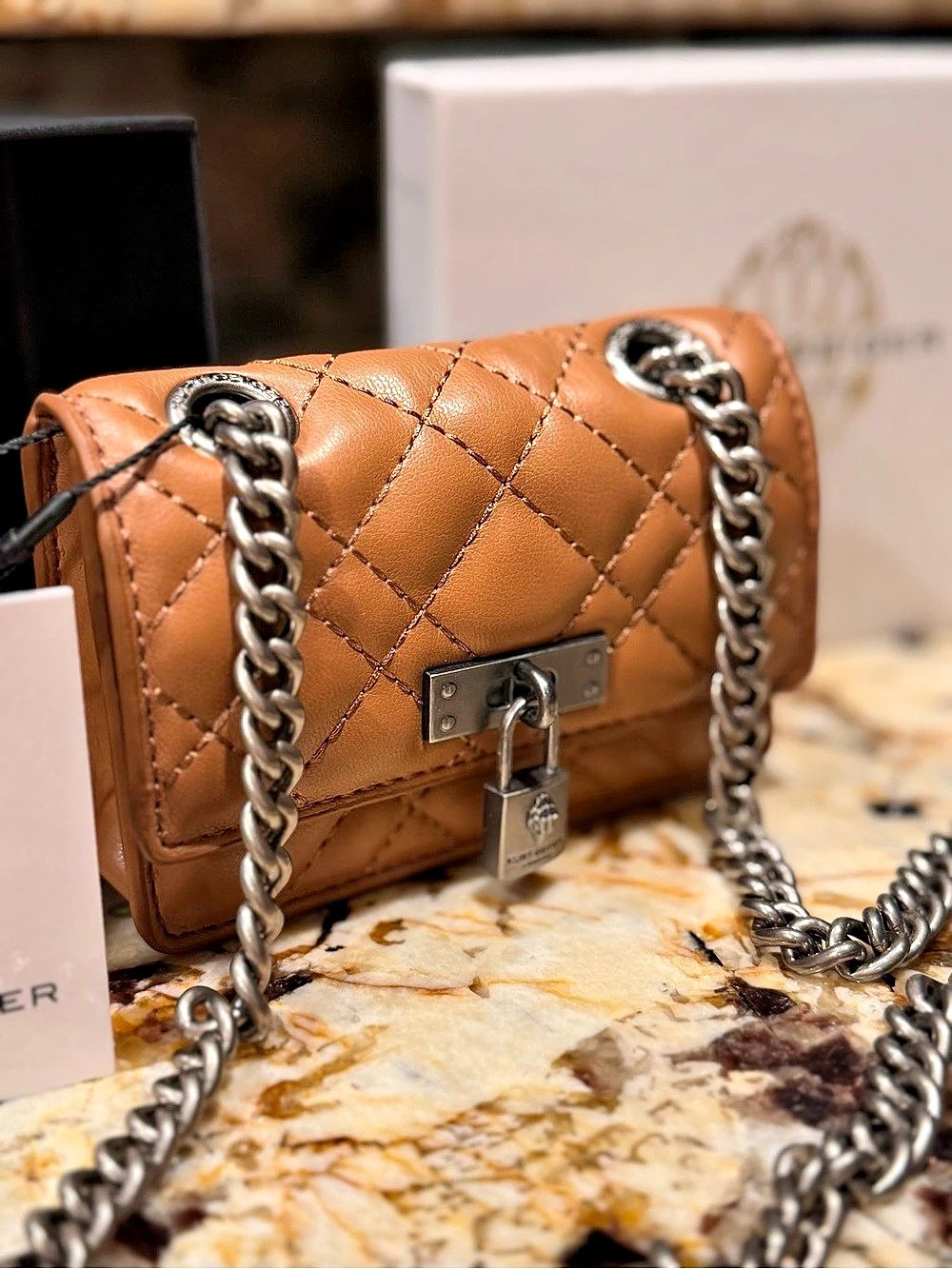 Kurt Geiger NWT & Original Box London Mini Brixton Lock Leather Bag Caramel Brow